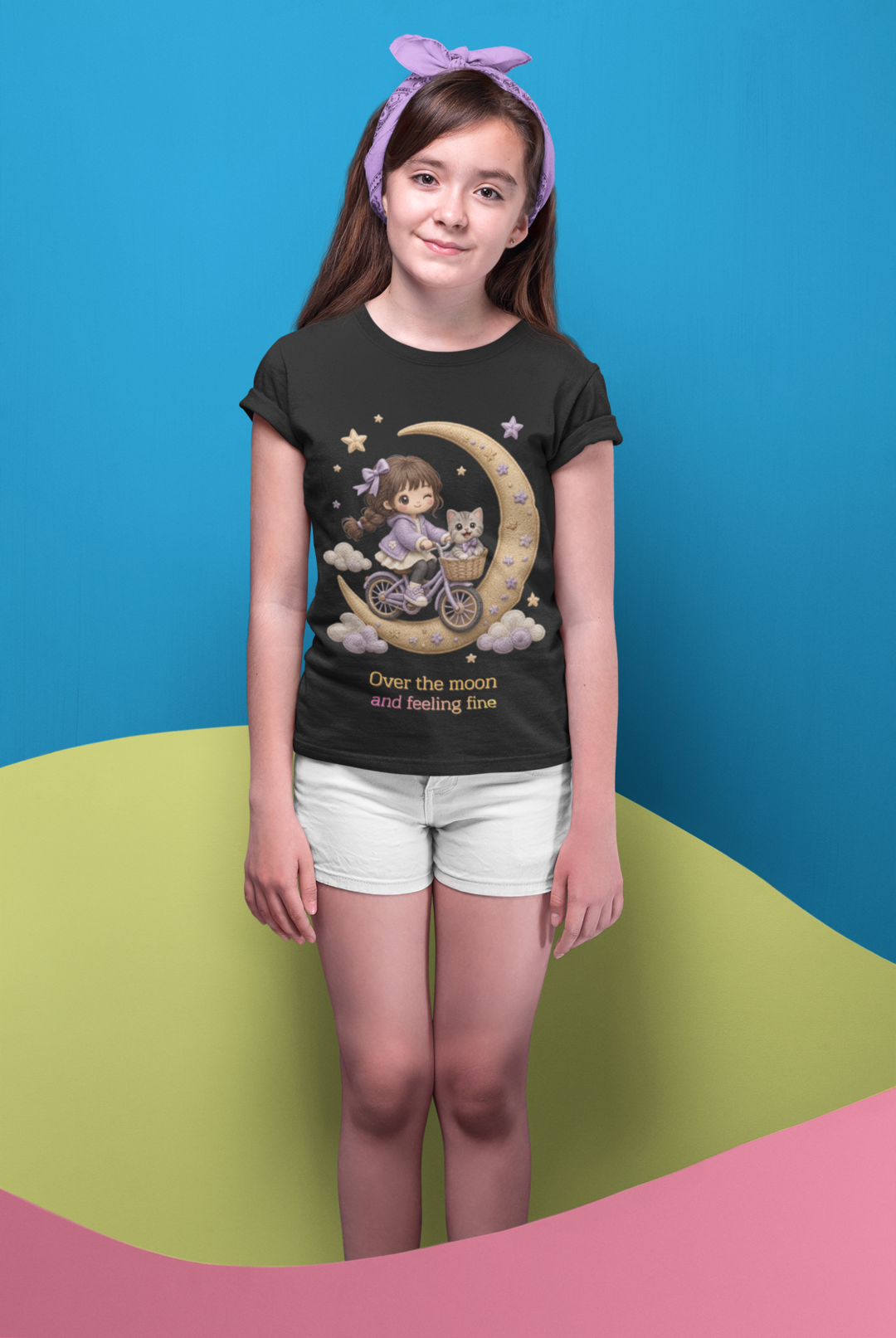 Over The Moon Tee - kid wearing tee with kerchief between cardboard waves