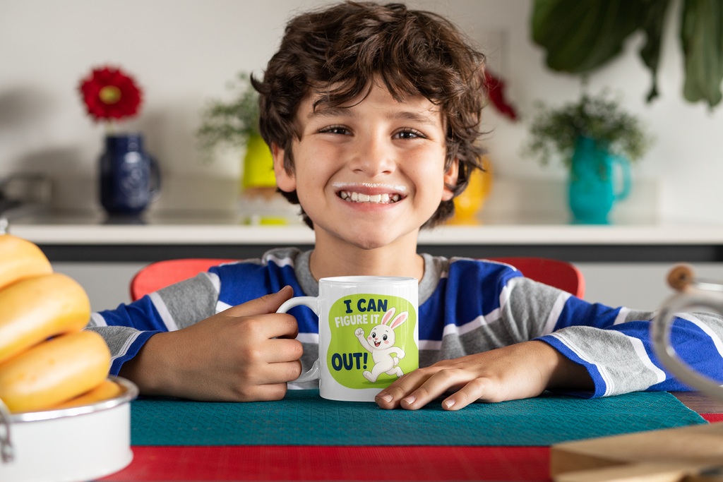 Mini Problem Solver Mug - happy kid holding mug at breakfast table