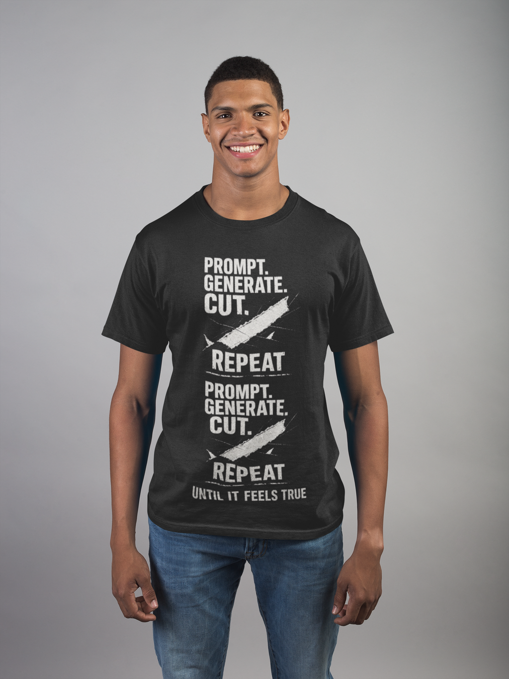 Man in sunglasses wearing the blue Prompt. Generate. Cut. Repeat. T-shirt.