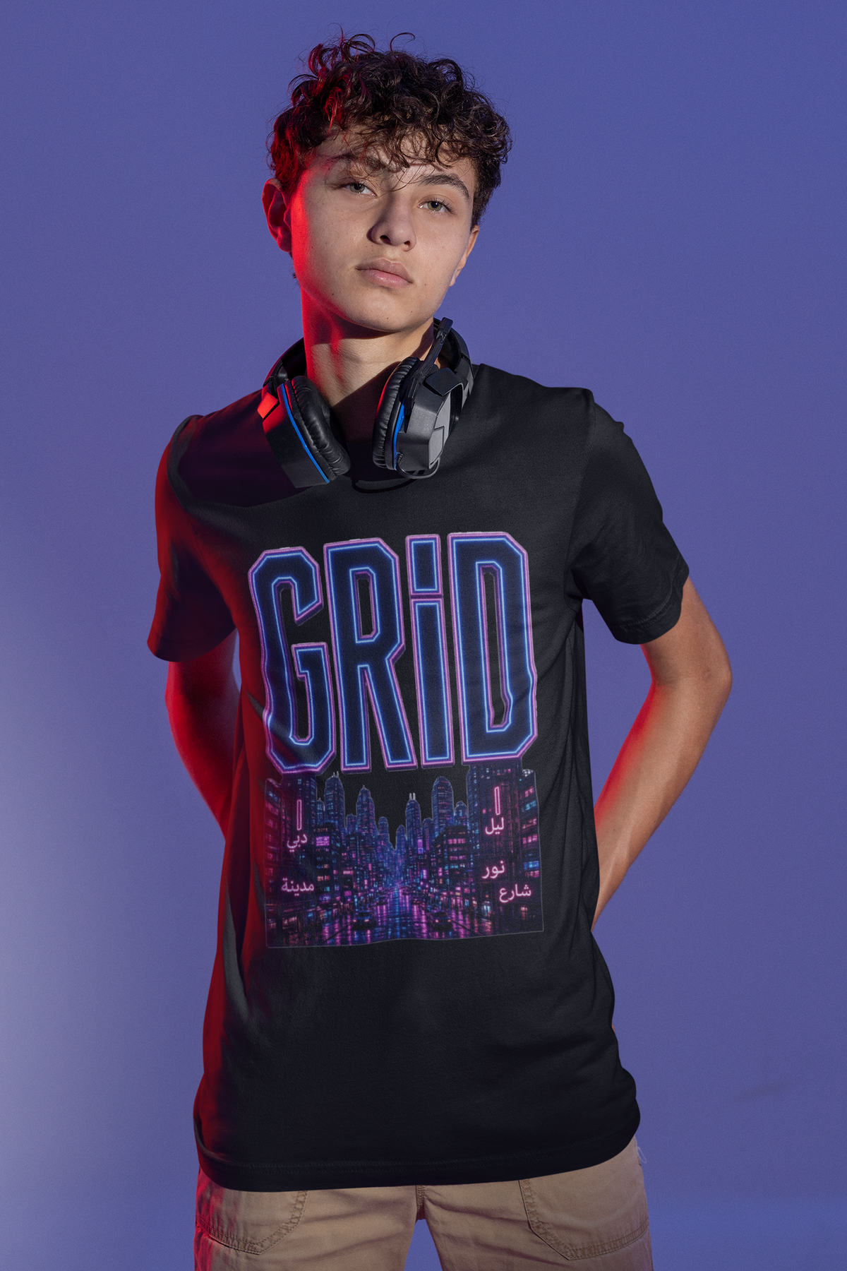 GRiD neon city black graphic tee young gamer posing
