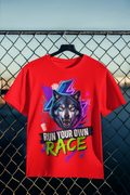 Run Your Own Race tee - Red, hanger on fence