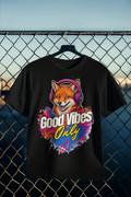 Good Vibes Only tee - black, flat mockup on fence