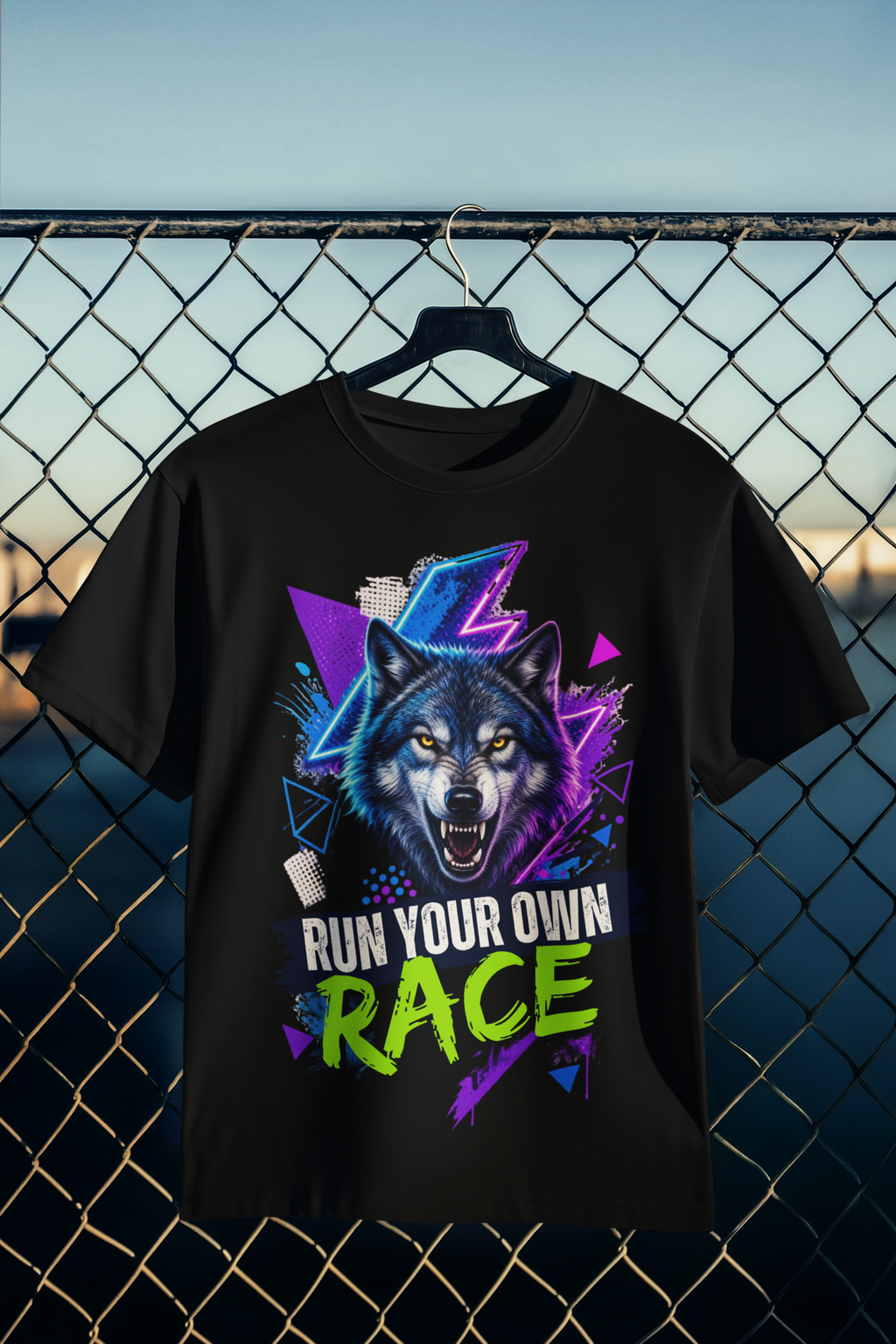 Run Your Own Race tee - Black, hanger on fence