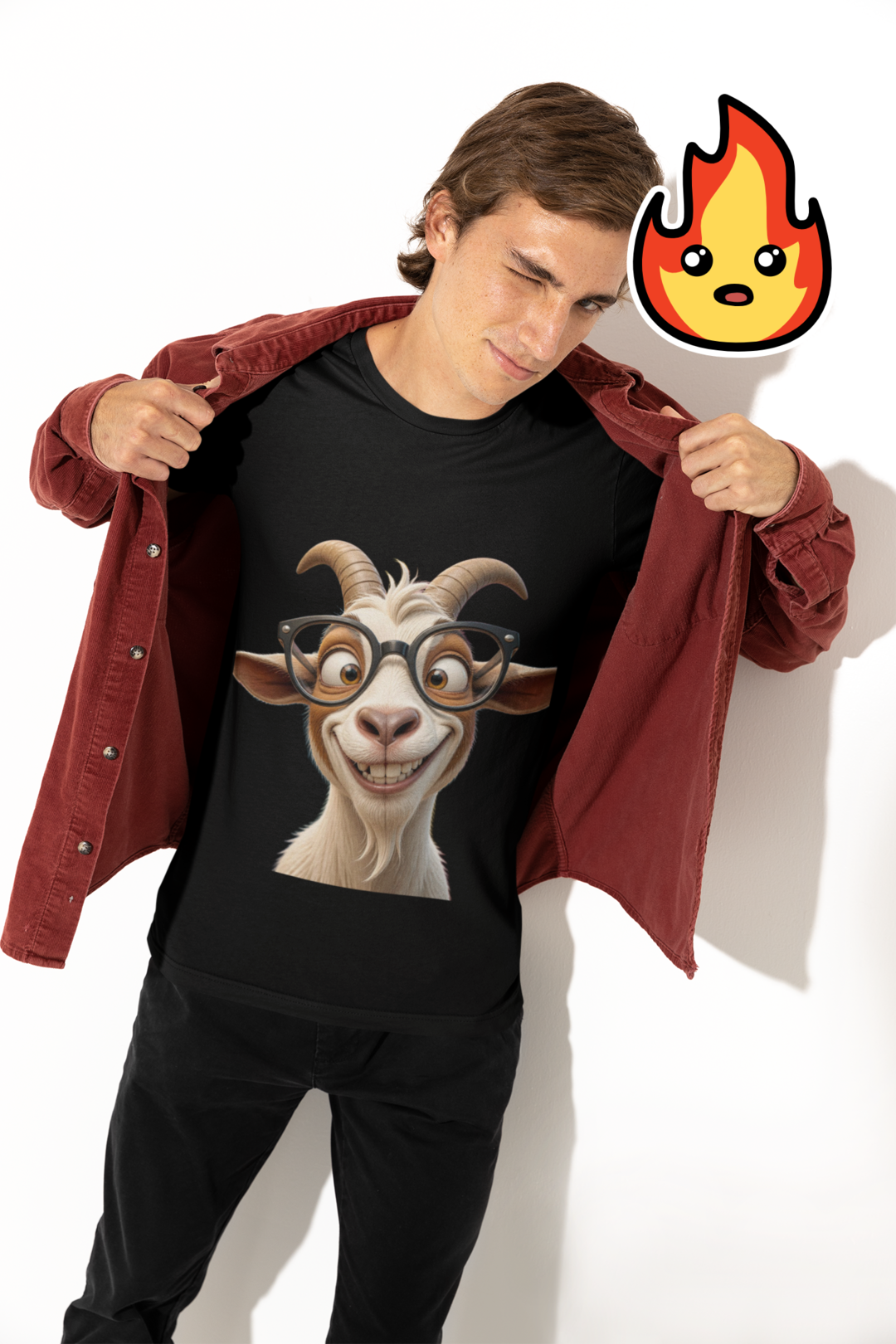 Nerdy GOAT Tee Black - young man showing off tee with stickers