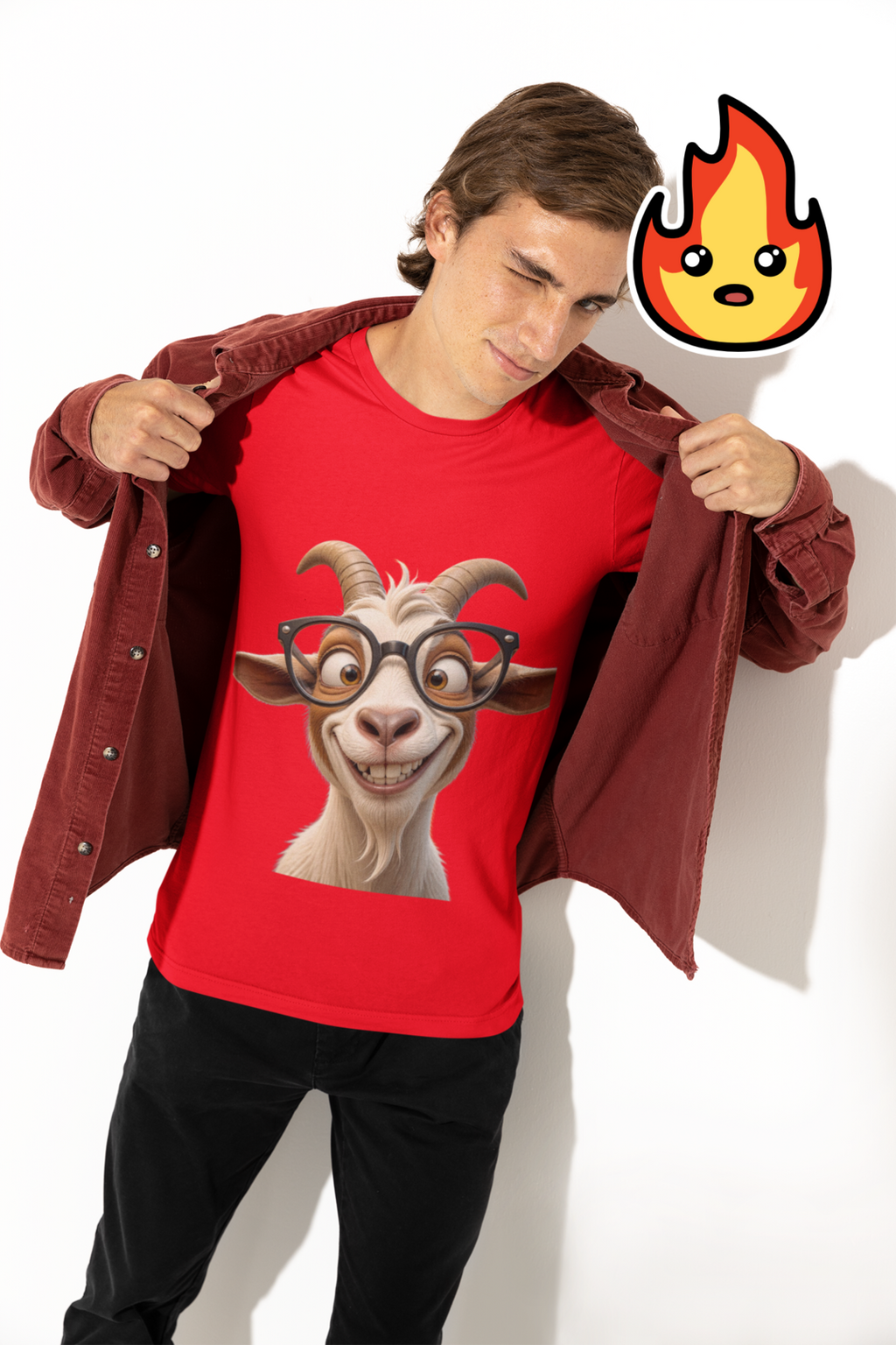 Nerdy GOAT Tee Red - young man showing off tee with stickers