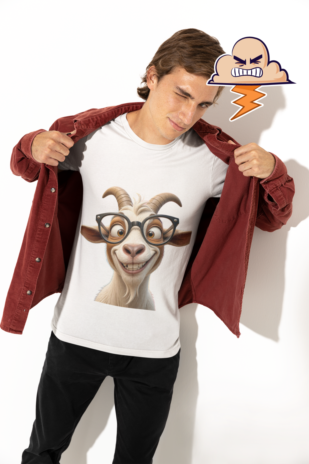 Nerdy GOAT Tee White - young man showing off tee with stickers