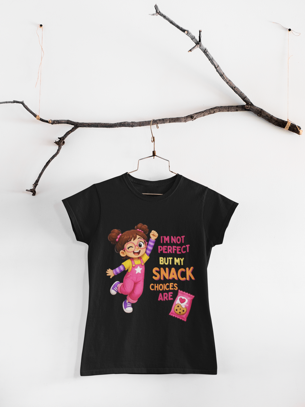 Mini Snack Queen T-Shirt Black - hanging from ornamental branch
