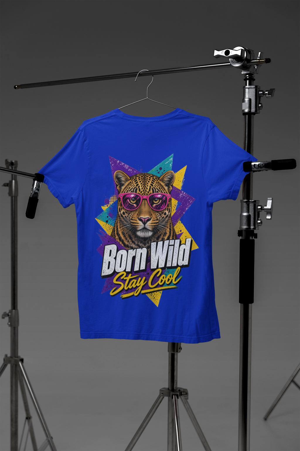 Born Wild Stay Cool tee - royal blue, flat back mockup
