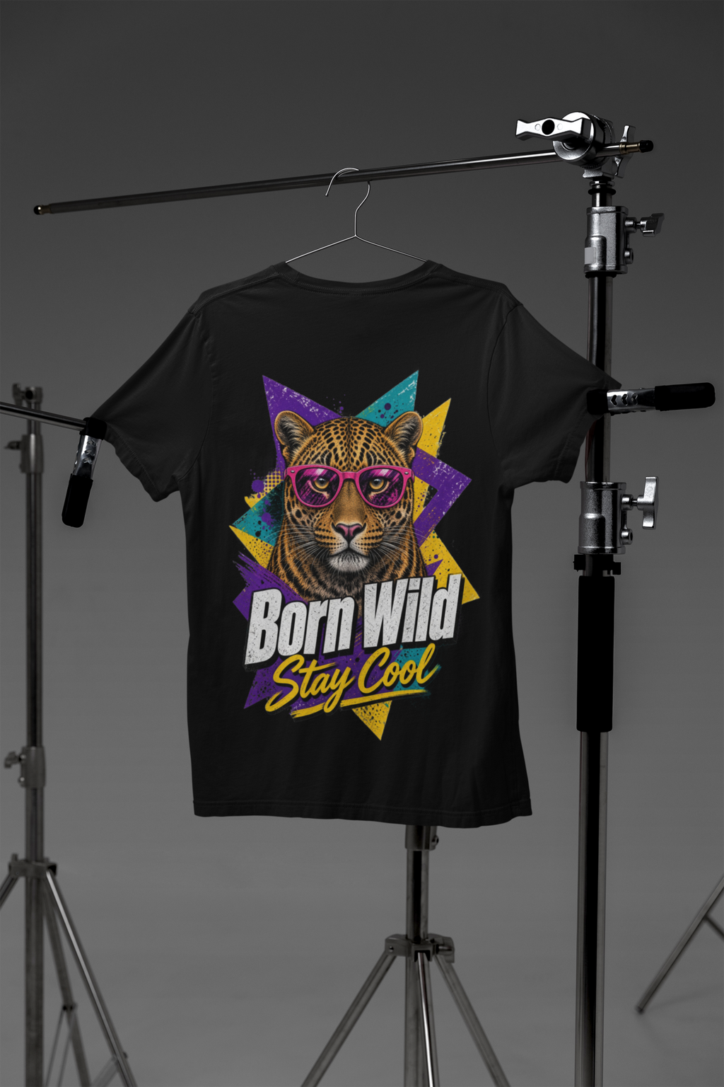 Born Wild Stay Cool tee - black, flat back mockup