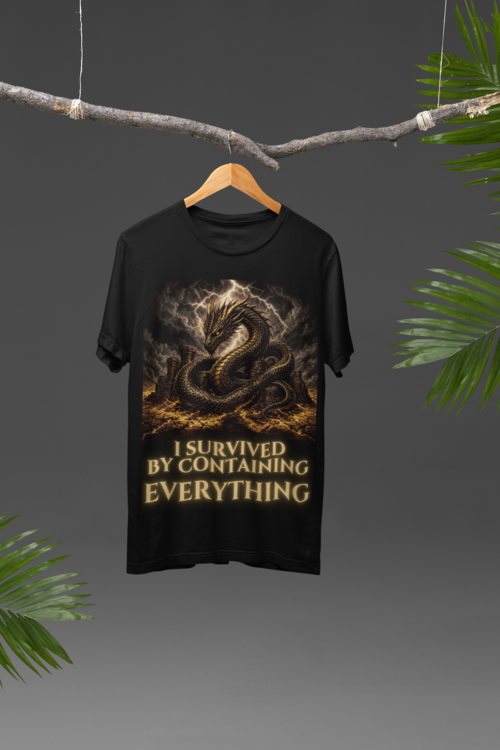 I Survived By Containing Everything - Black tee on tree branch hanger