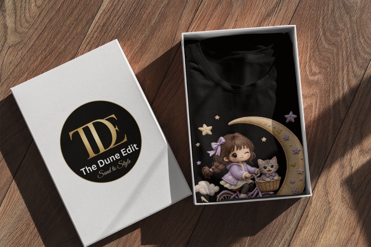 Over The Moon Tee Black - folded inside The Dune Edit branded box