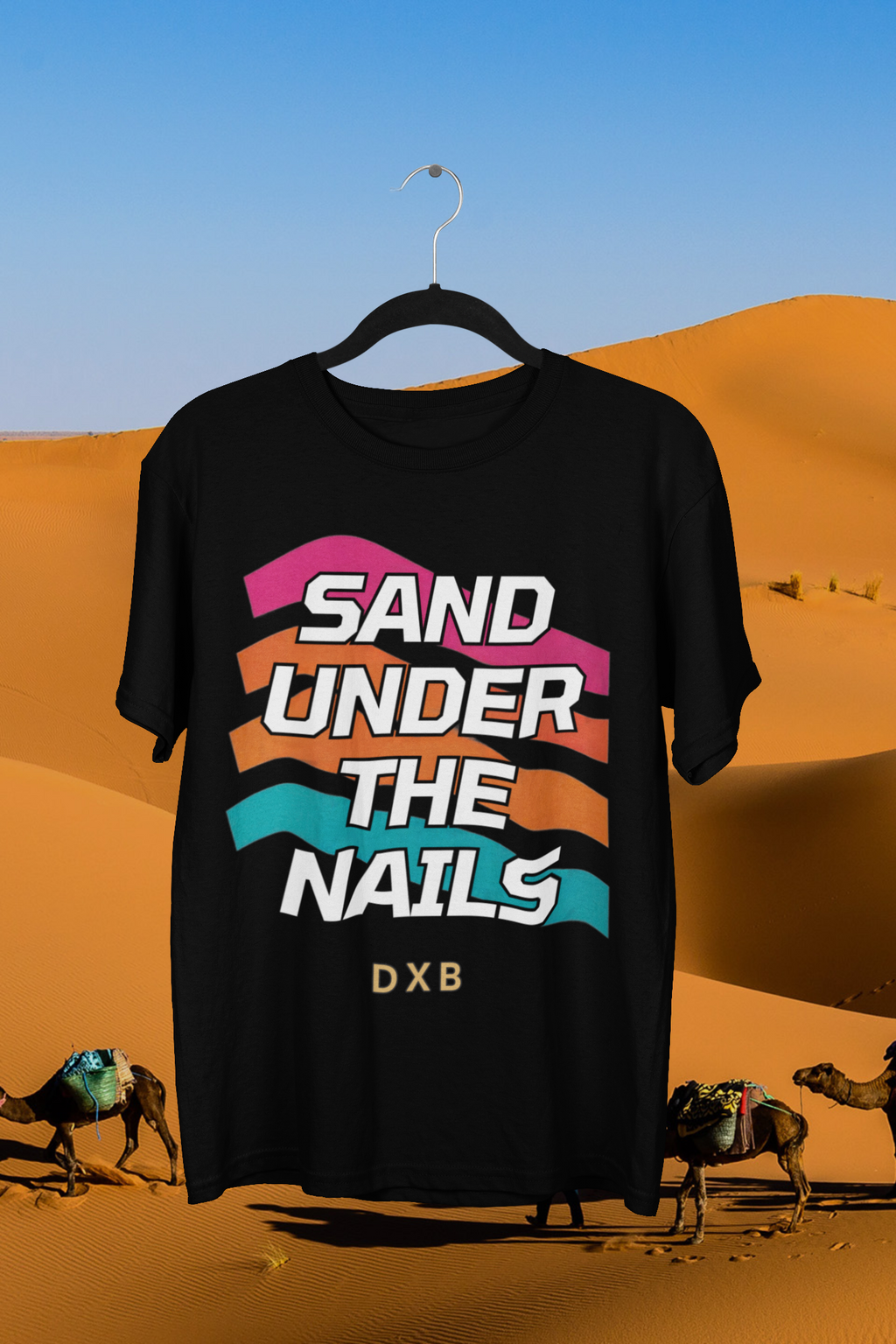 Sand Under The Nails DXB Tee – hanger mockup