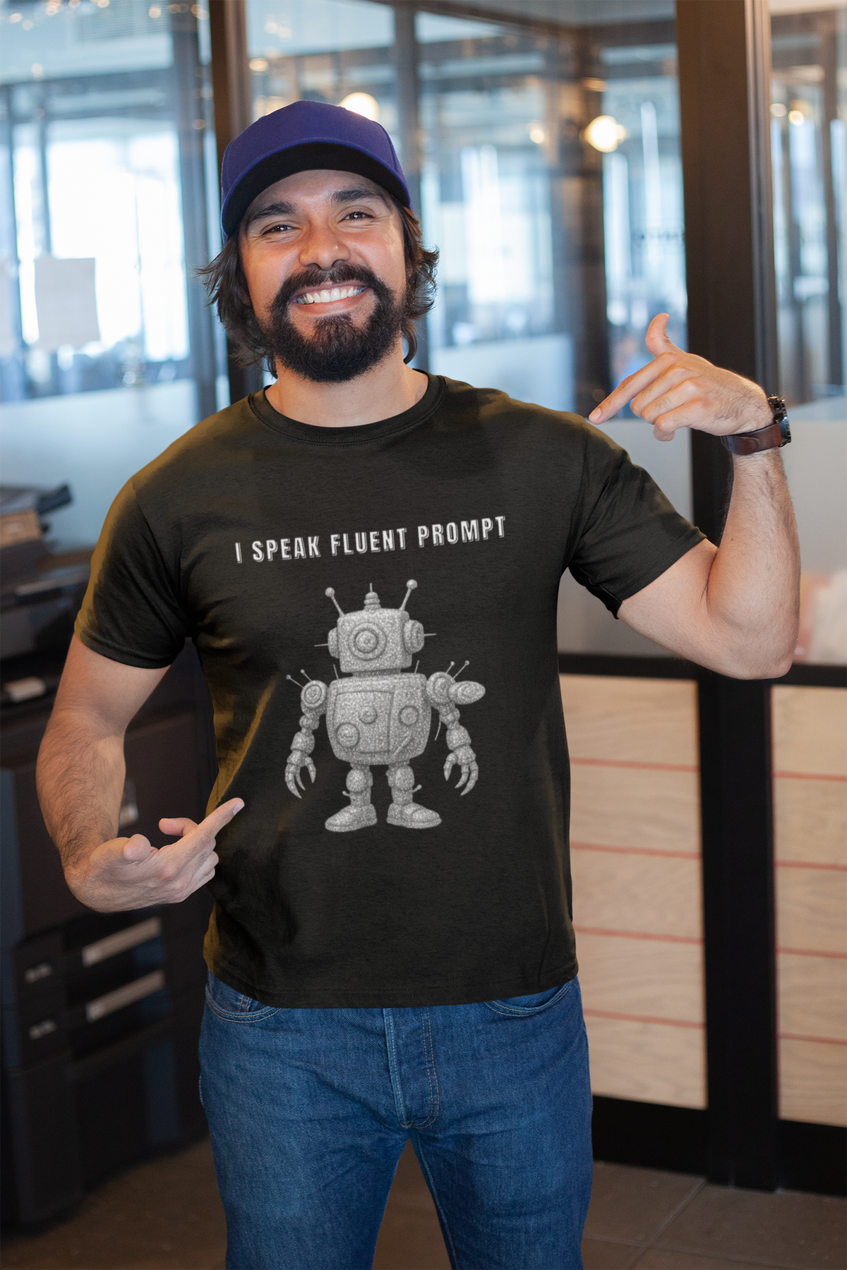 Man wearing the black I Speak Fluent Prompt robot T-shirt.