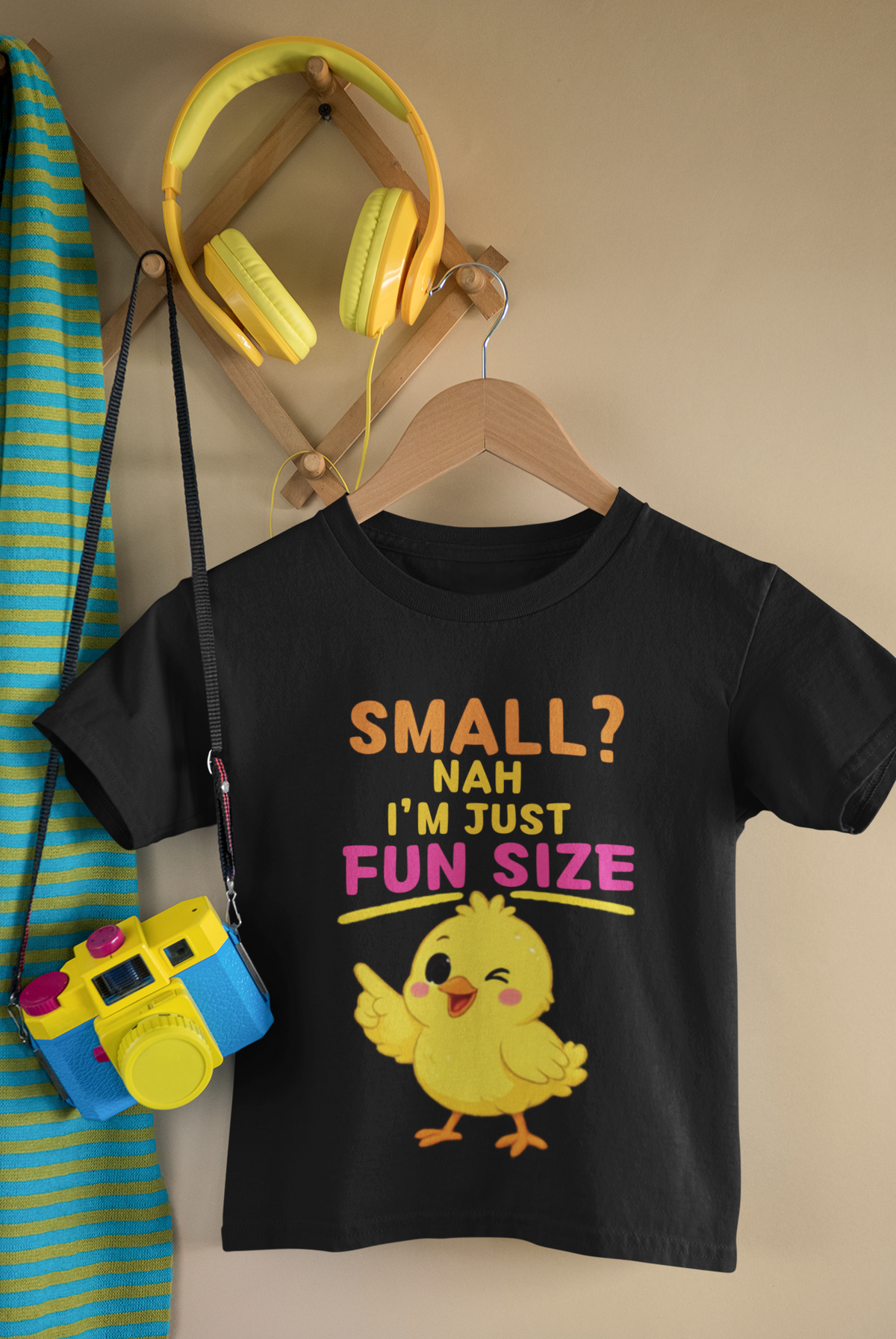 Fun Size Chick Tee Black - hanging with camera and headphones