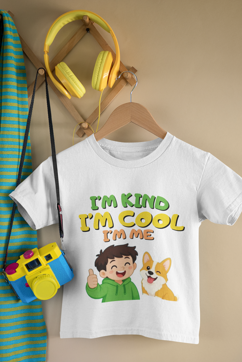 Mini Confidence Tee White - hanging with camera and headphones