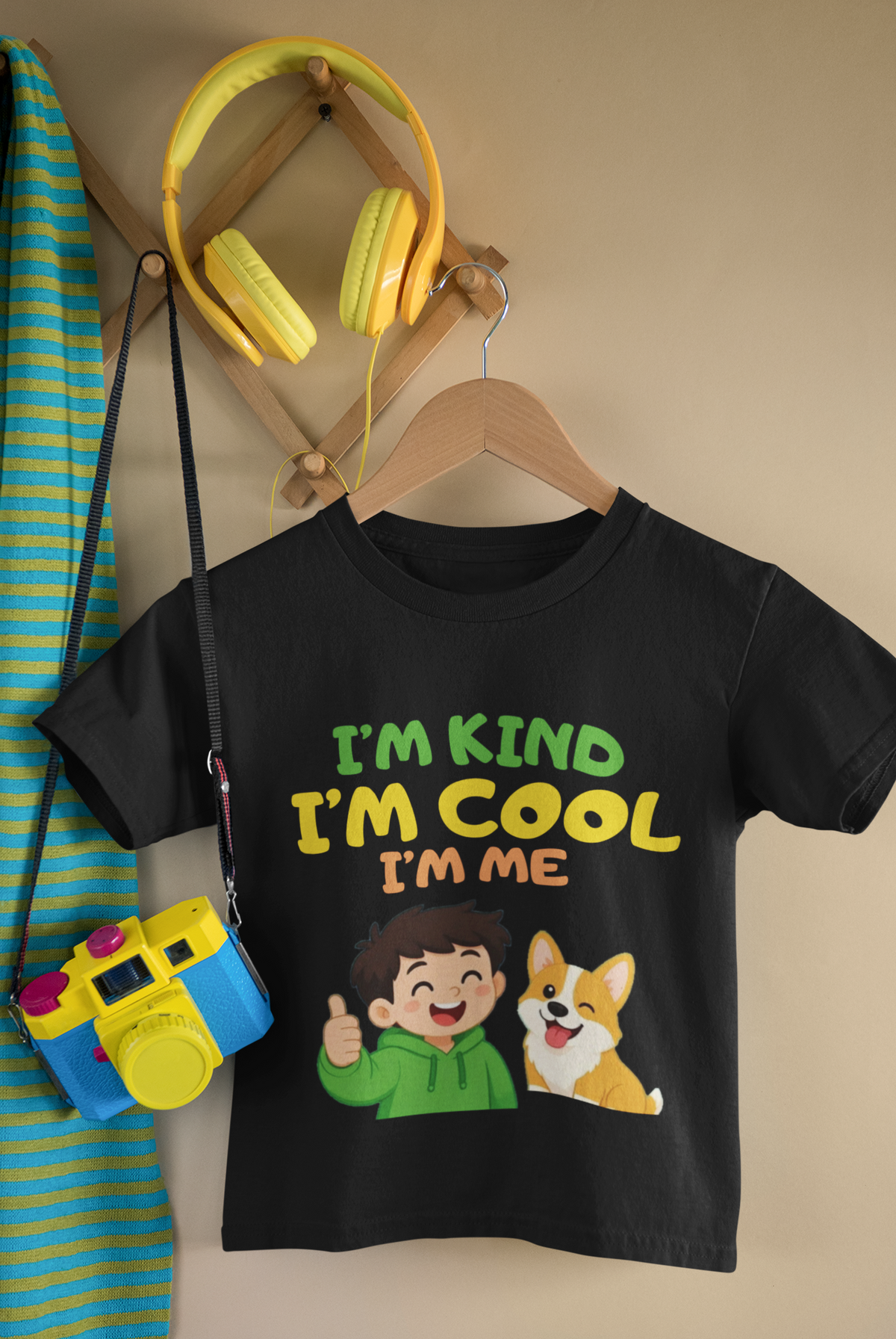 Mini Confidence Tee Black - hanging with camera and headphones