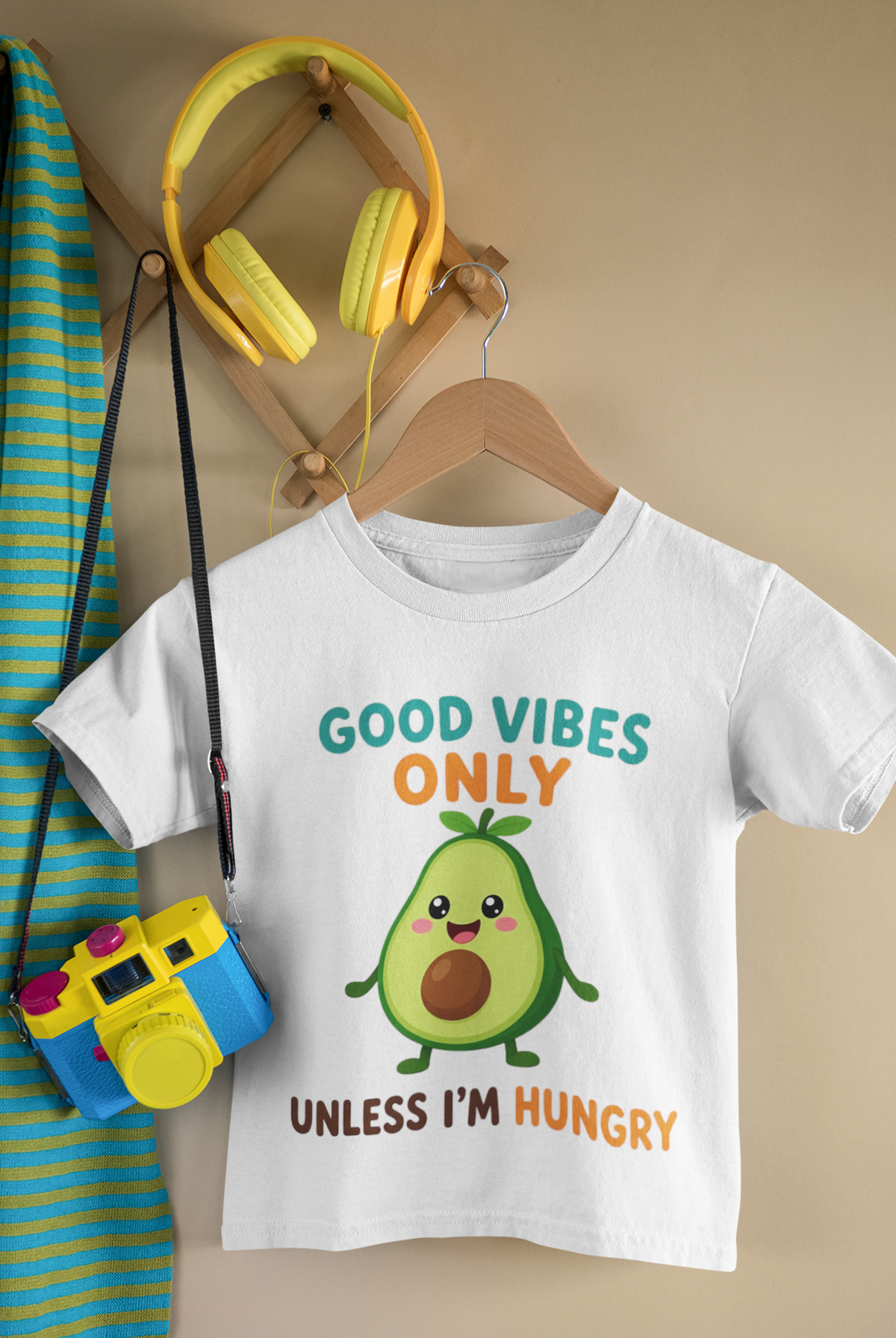 Vibing Until Hungry T-Shirt White - hanging with camera and headphones