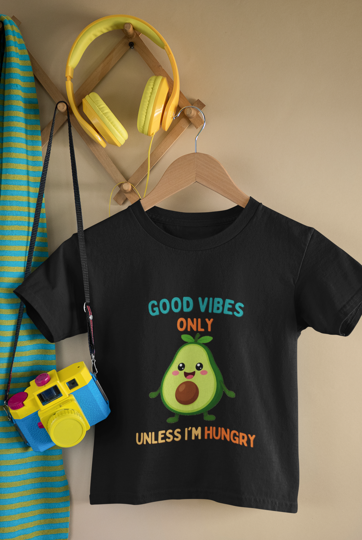 Vibing Until Hungry T-Shirt Black - hanging with camera and headphones