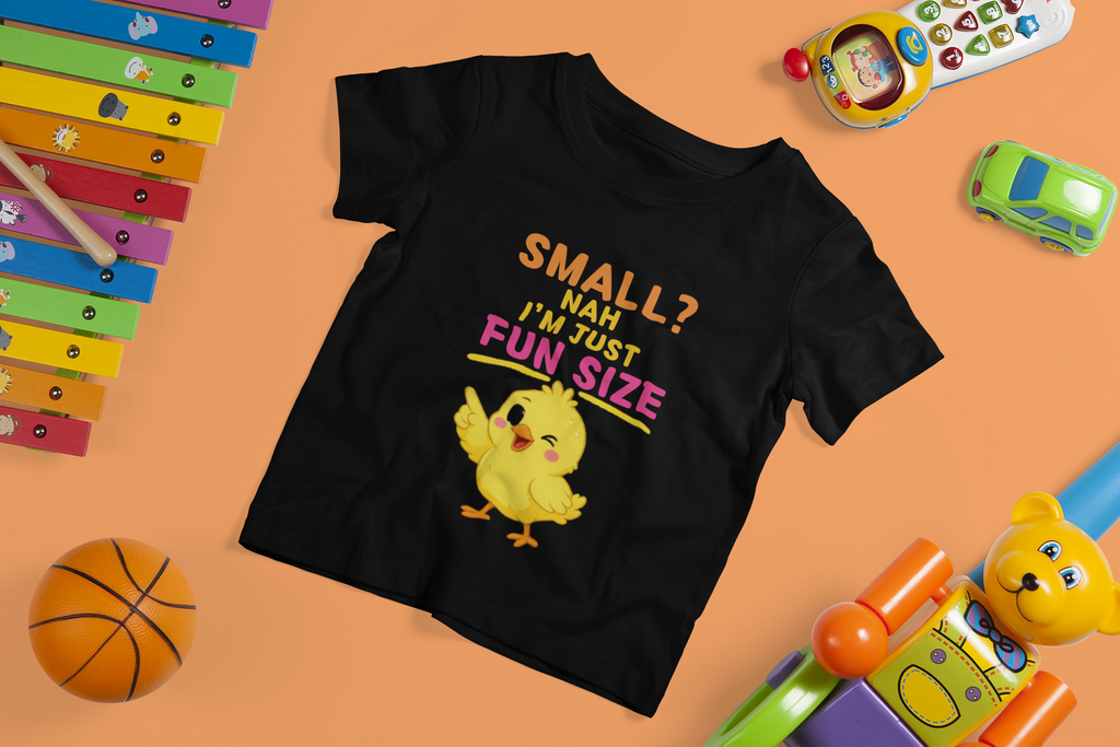 Fun Size Chick Tee Black - surrounded by toys