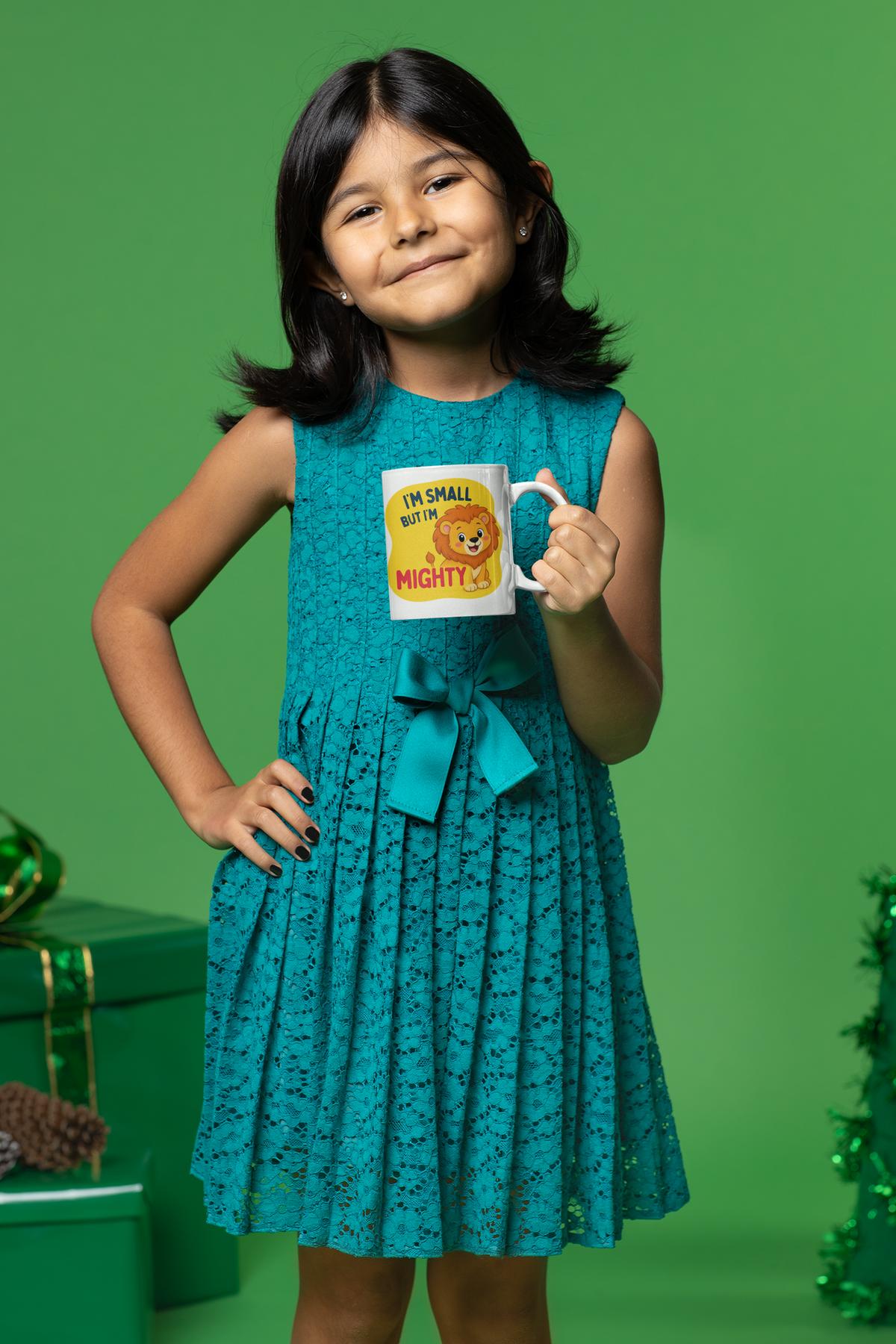 Small But Mighty Mug - little girl holding mug in Christmas themed set