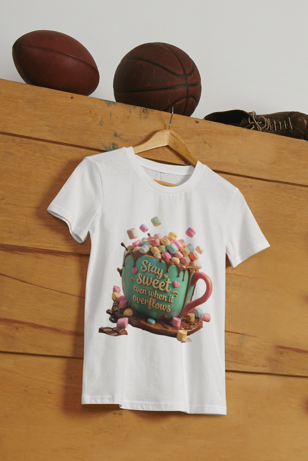 Stay Sweet Tee White - hanging on wooden box