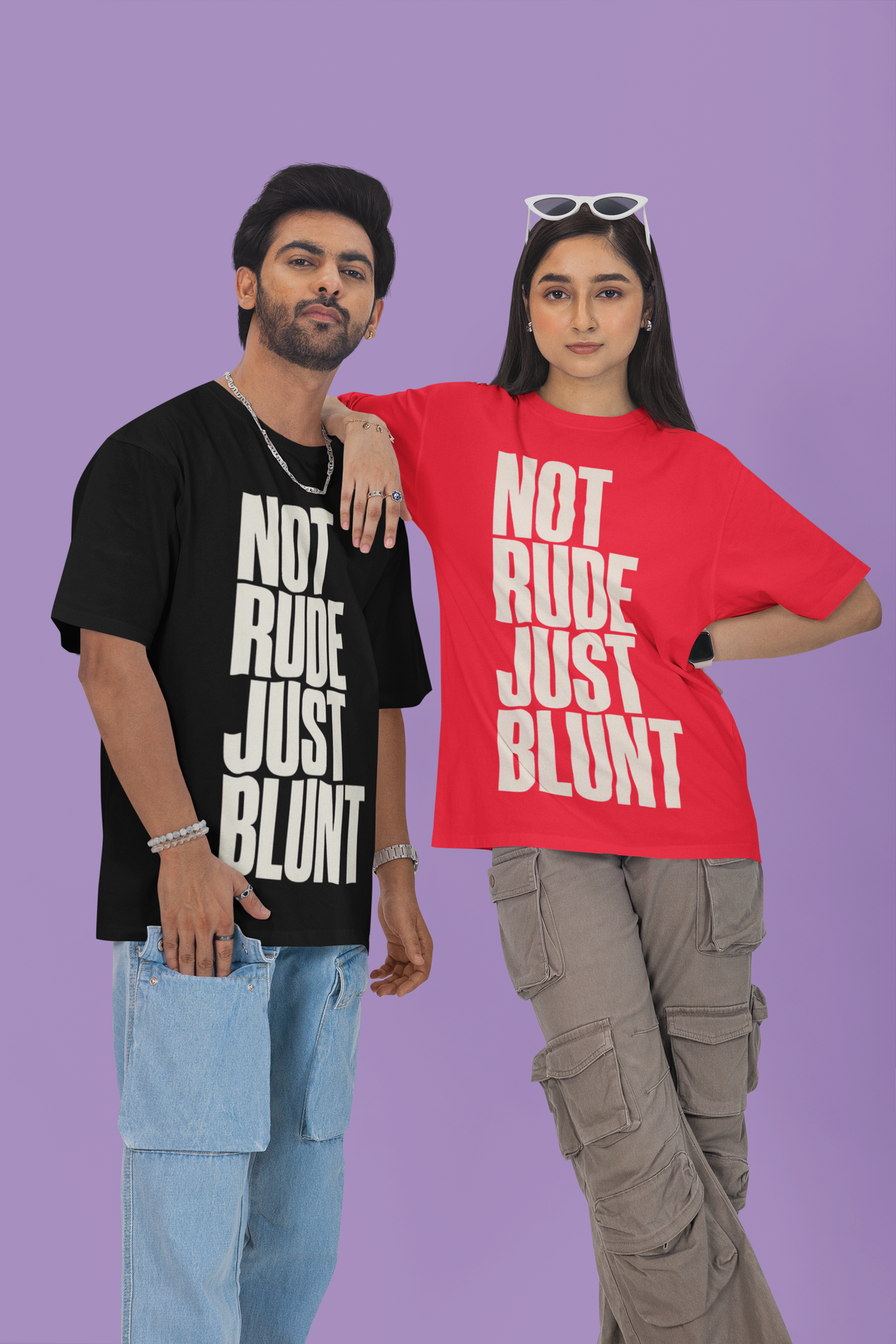 Not Rude Just Blunt couple posing wearing black and red tees