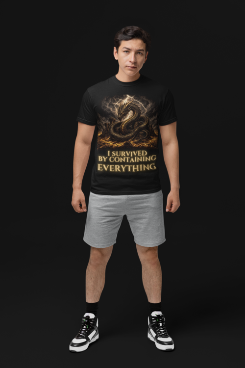 I Survived By Containing Everything - Young man in Black tee studio