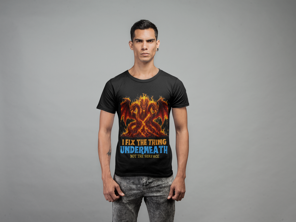 I Fix The Thing Underneath - Tattooed man in Black tee studio