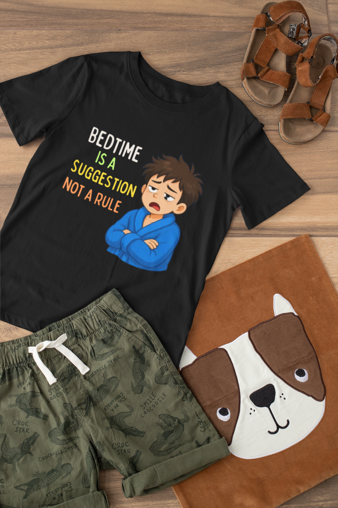 Mini Night Owl Tee Black - flat lay with outfit on wooden surface