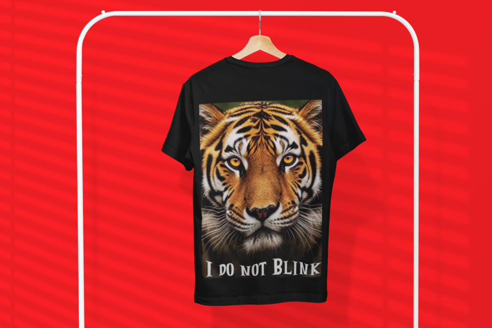 I Do Not Blink - Black tee on hanger red background