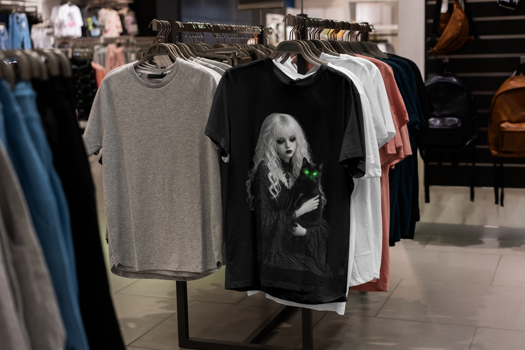 Midnight Familiar Tee Black - hanging on rack at clothing store