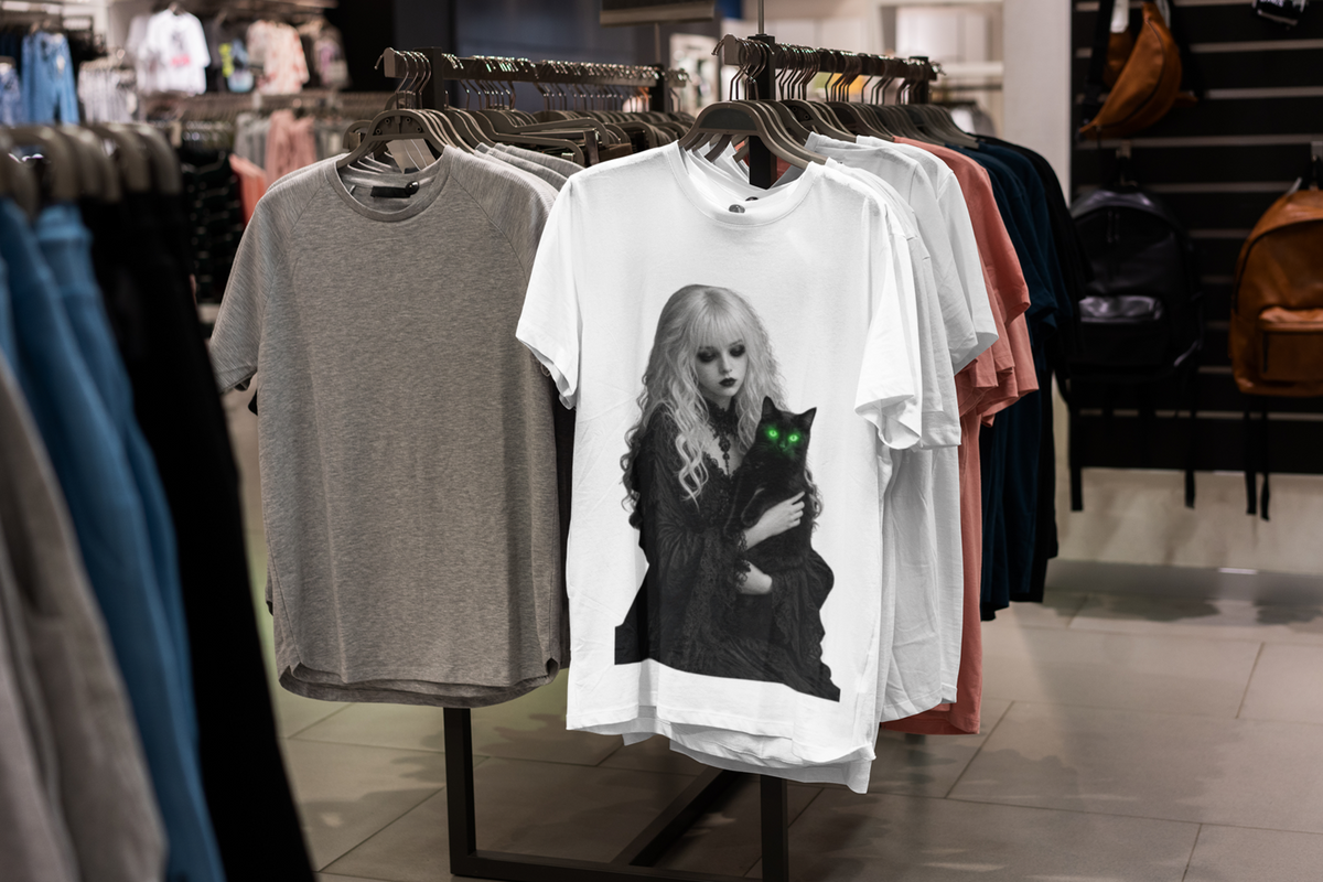 Midnight Familiar Tee White - hanging on rack at clothing store
