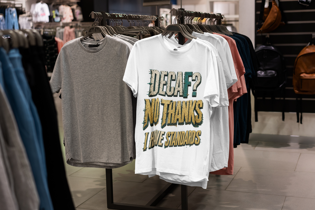 Decaf No Thanks tee - Black, hanging in store rack