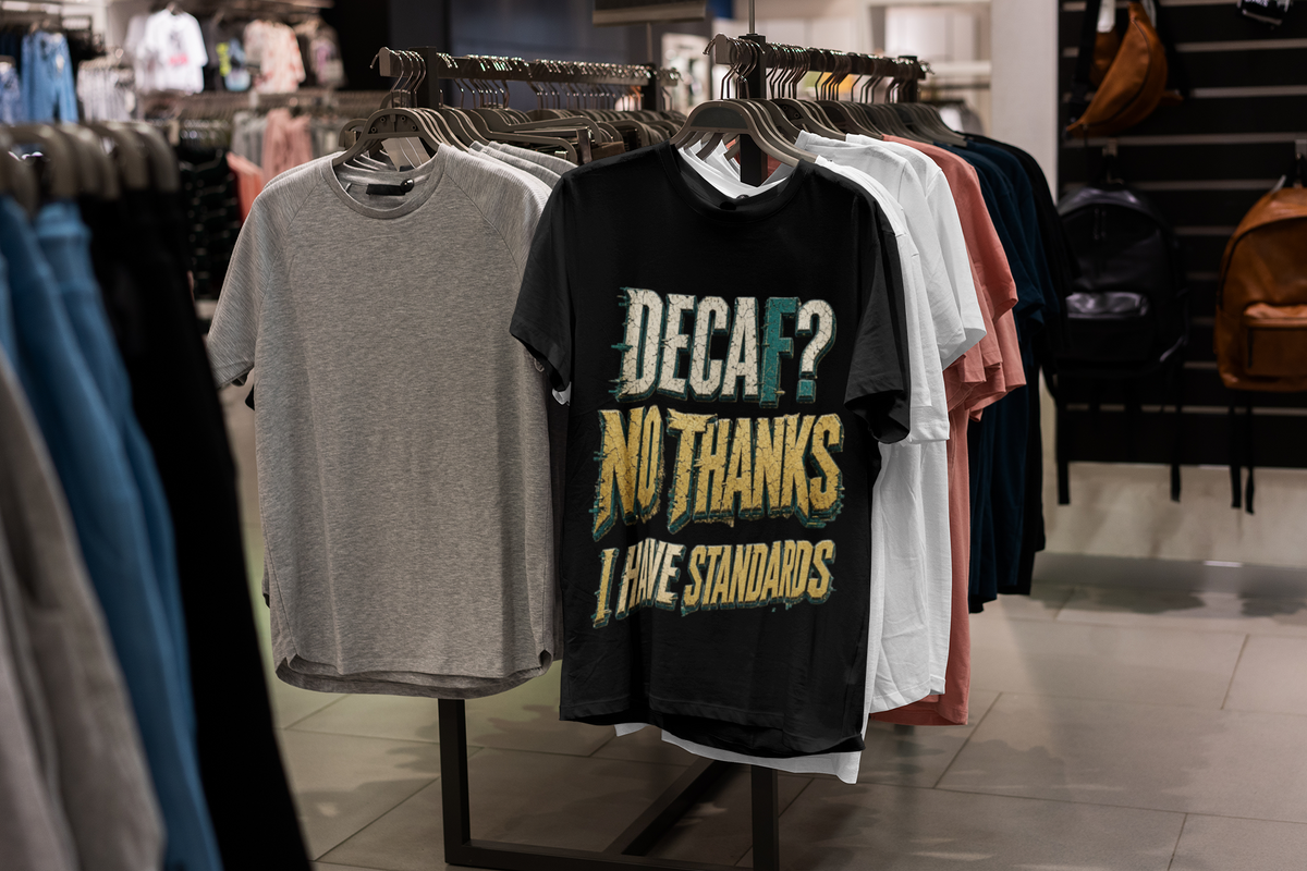 Decaf No Thanks tee - White, hanging in store rack