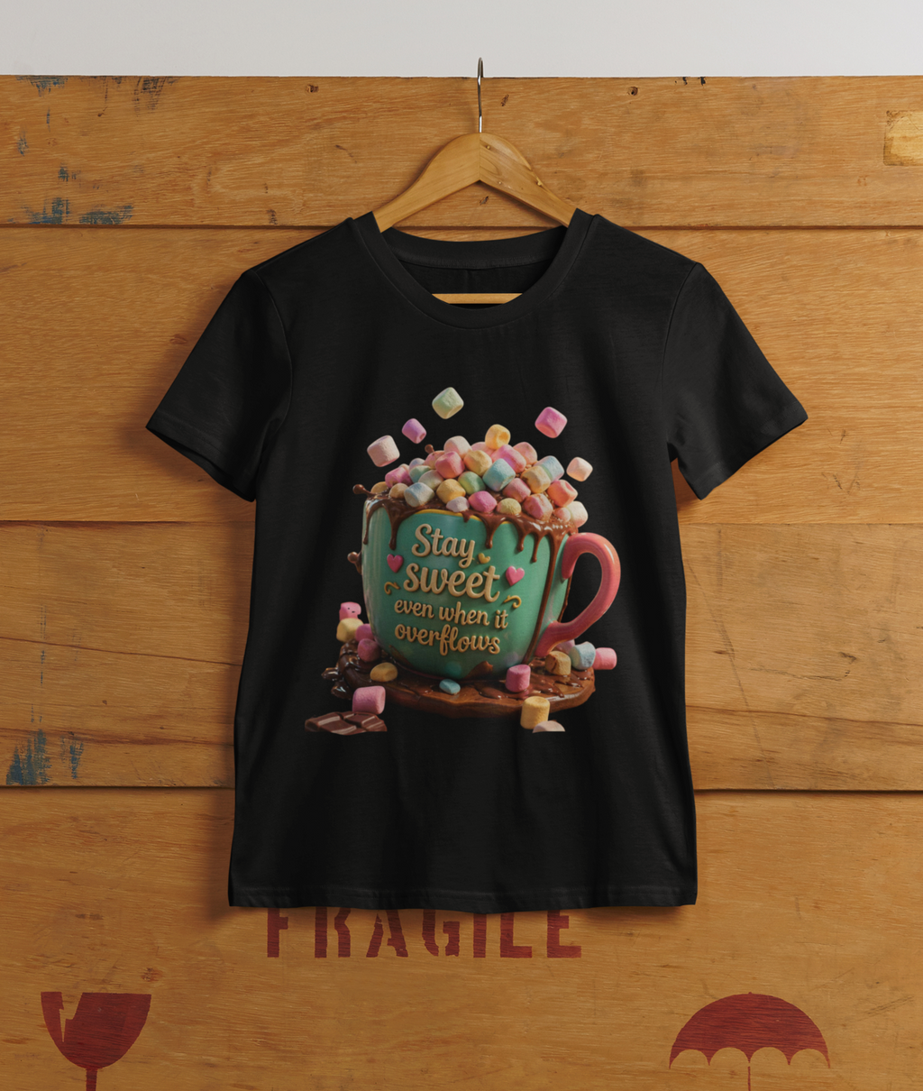 Stay Sweet Tee Black - hanging on cargo box