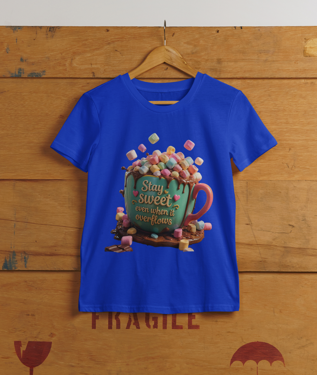 Stay Sweet Tee Blue - hanging on cargo box