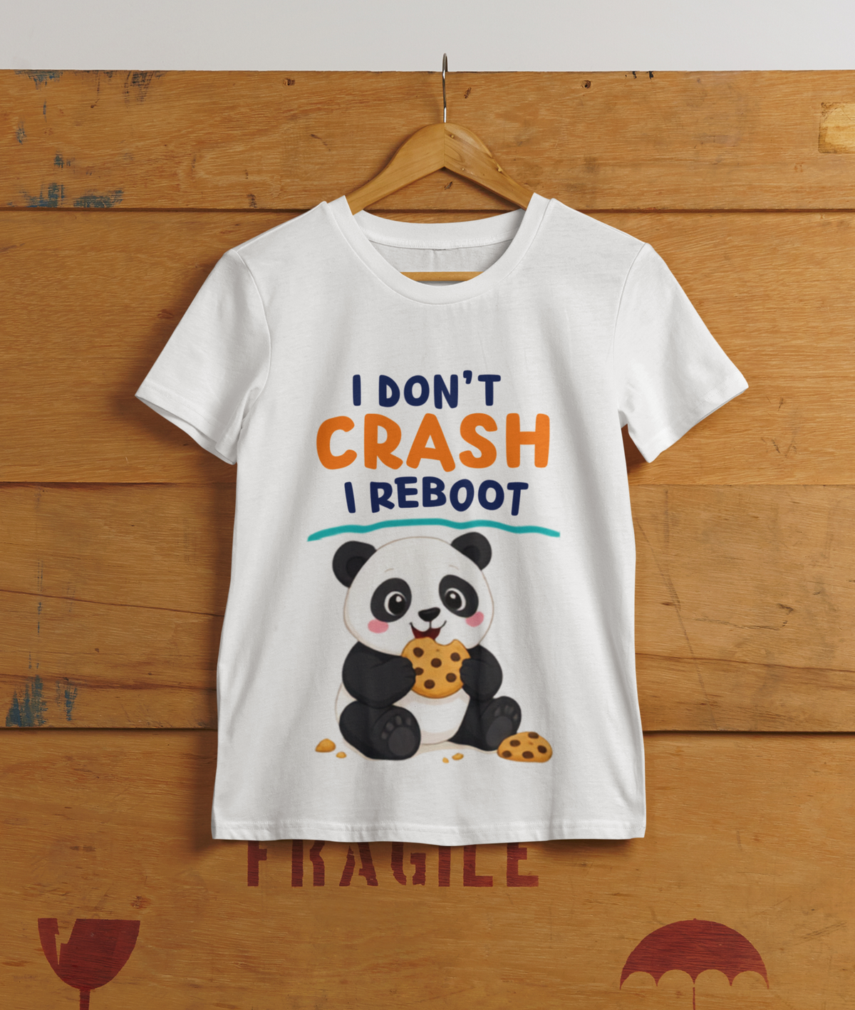 Mini Tech Panda Tee White - hanging on cargo box