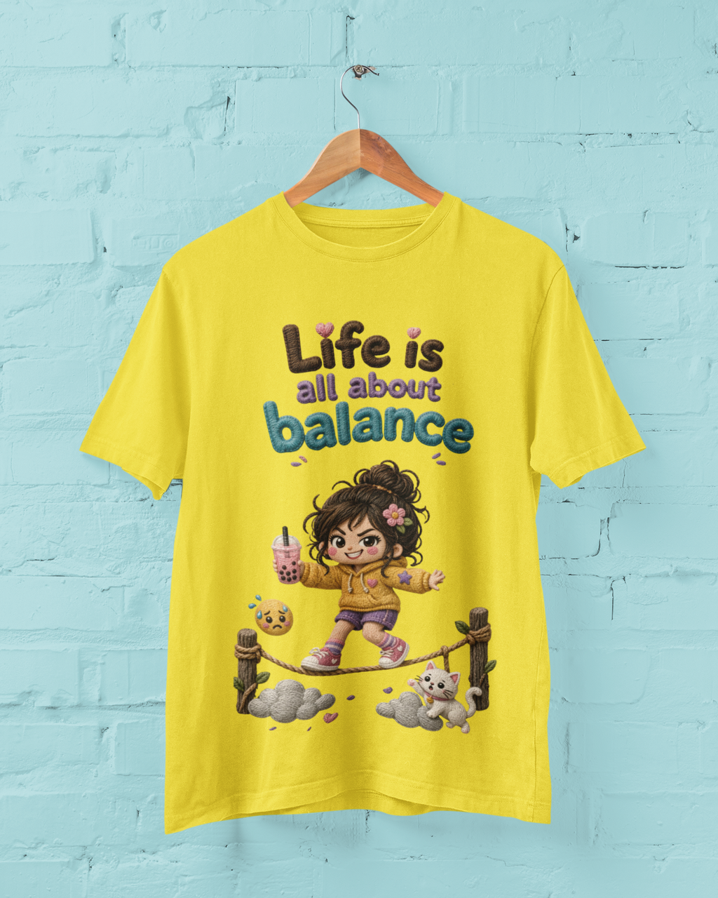 Life Is All About Balance Tee Yellow - hanging on wall