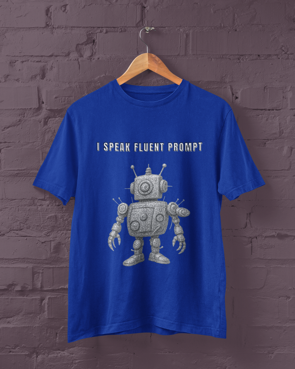 Blue men's T-shirt on a hanger with a robot graphic and I Speak Fluent Prompt lettering.