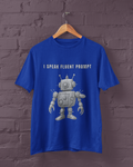 Blue men's T-shirt on a hanger with a robot graphic and I Speak Fluent Prompt lettering.