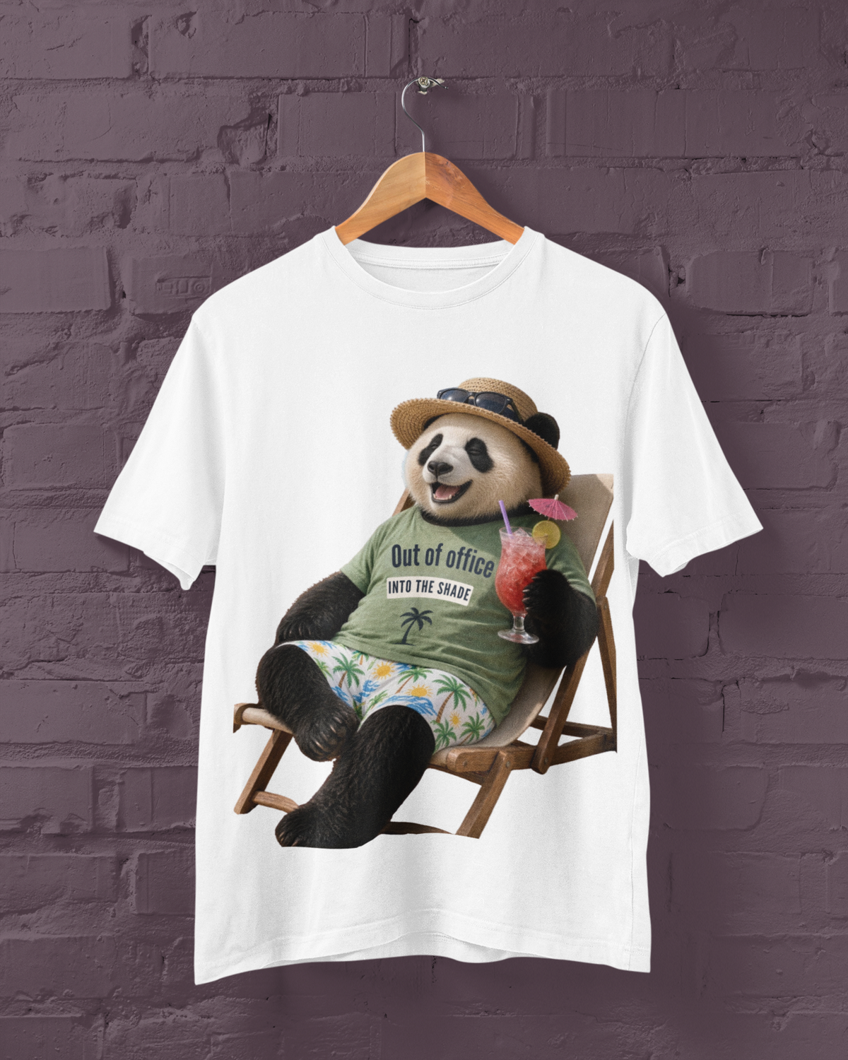 White men's T-shirt with a large panda beach graphic and the words Out of office into the shade.