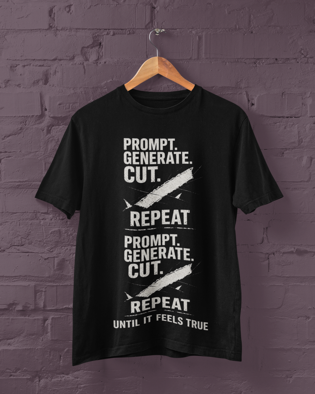 Blue T-shirt on hanger with white Prompt. Generate. Cut. Repeat. typographic artwork.