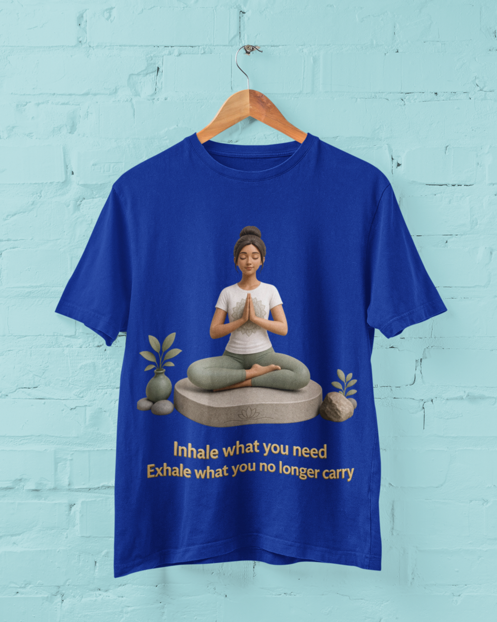 Inhale Exhale Yoga Tee - Royal Blue hanging mockup
