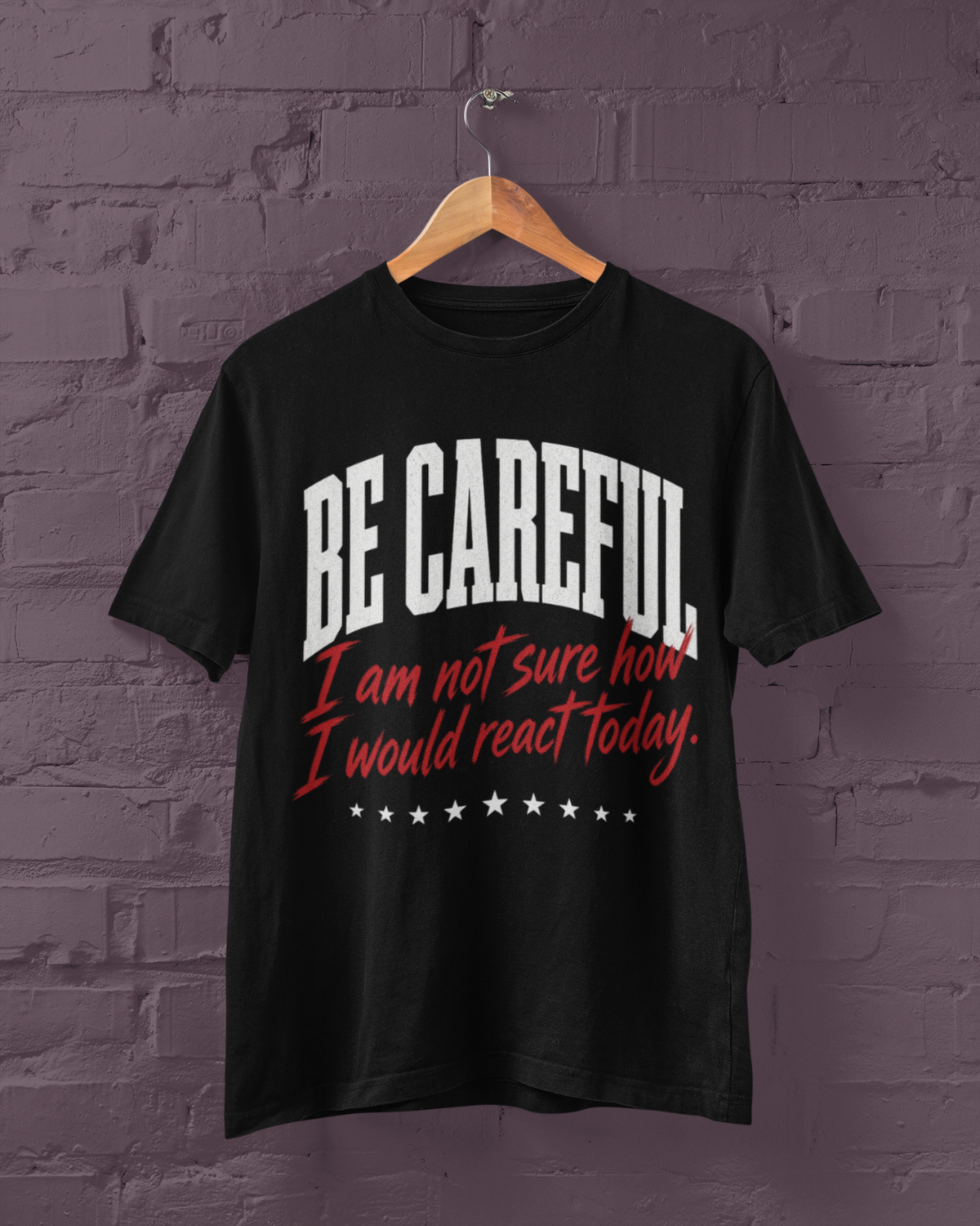Be Careful tee in black on hanger