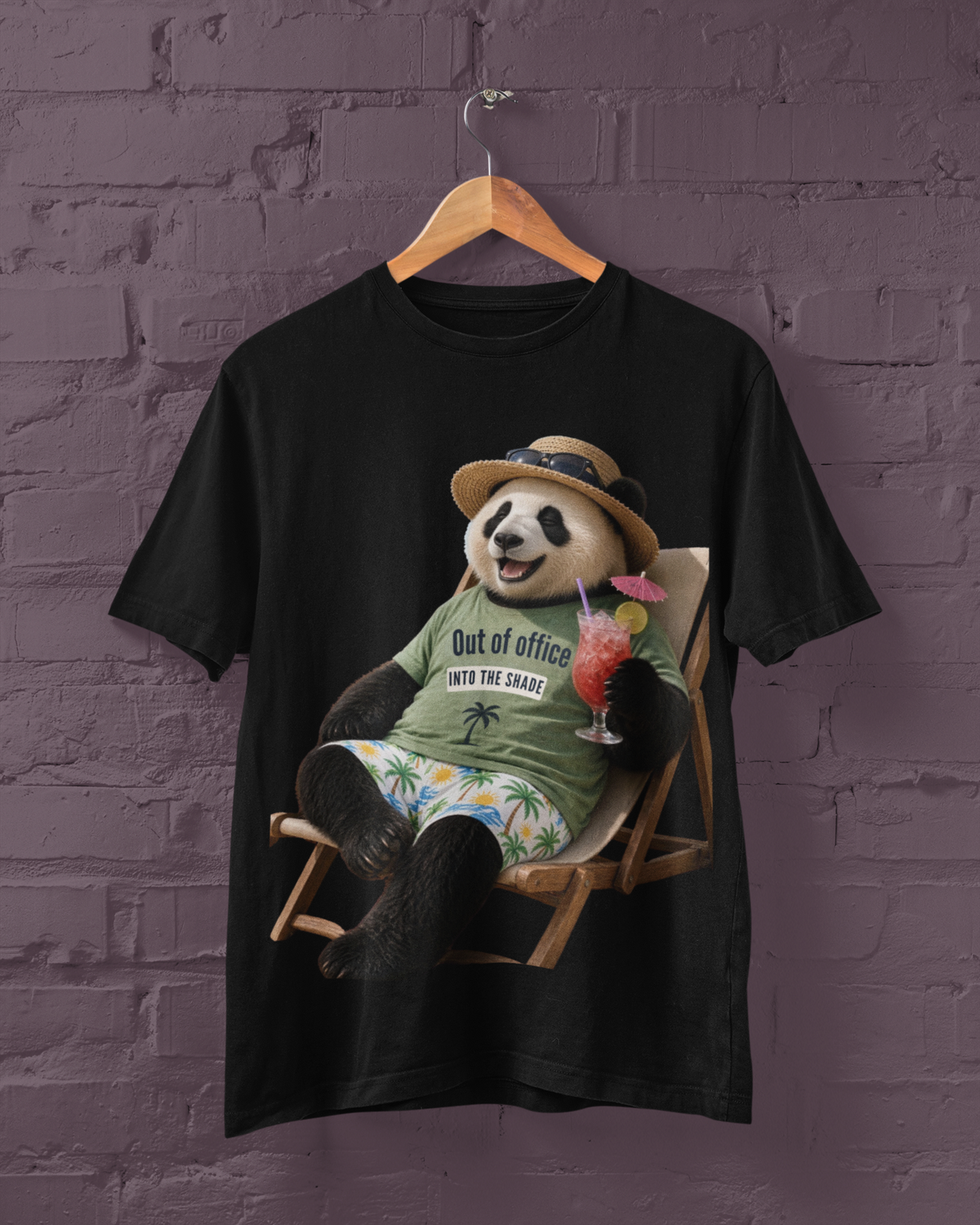 Black men's T-shirt with a large panda beach graphic and the words Out of office into the shade.