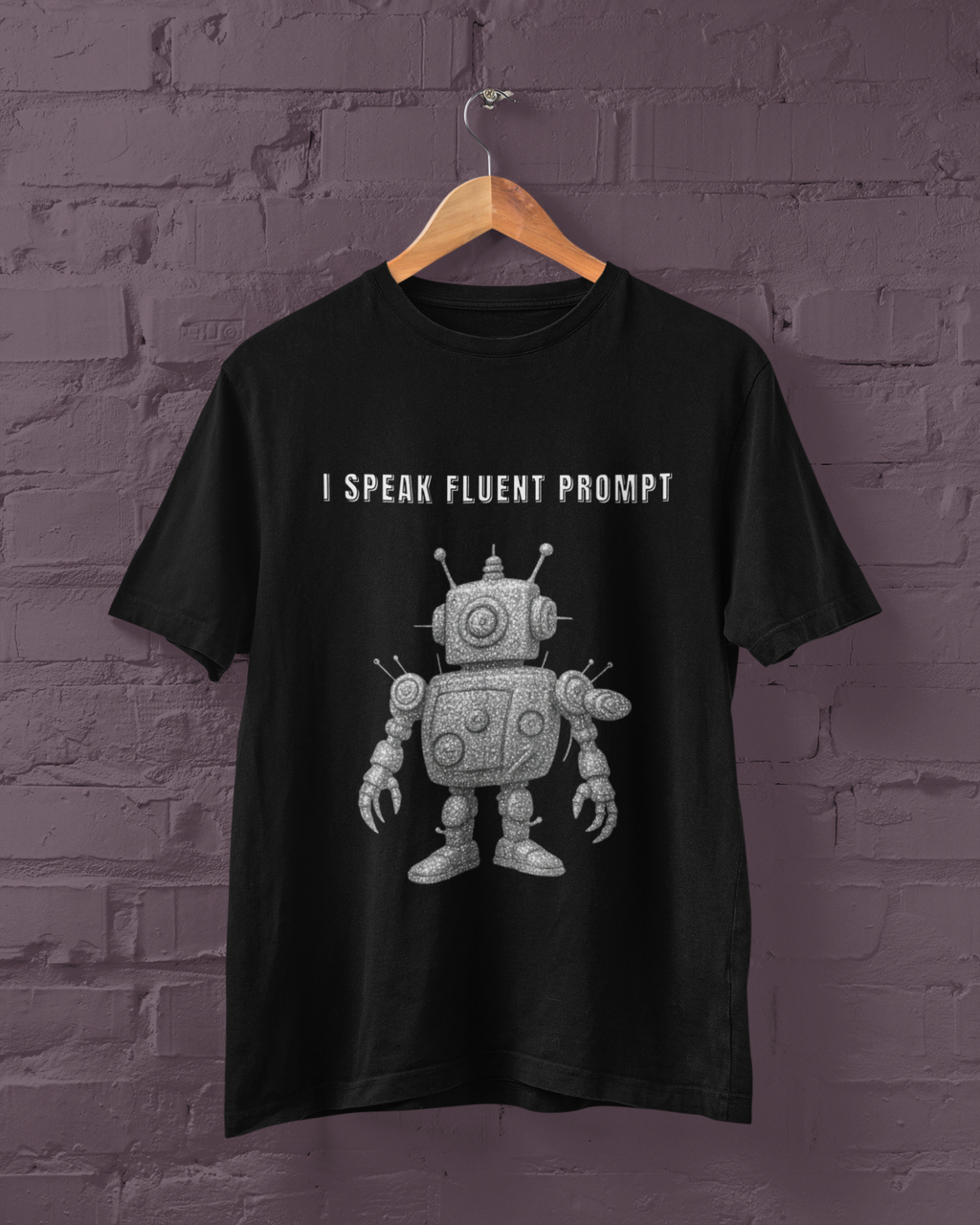 Black men's T-shirt on a hanger with a robot graphic and I Speak Fluent Prompt lettering.