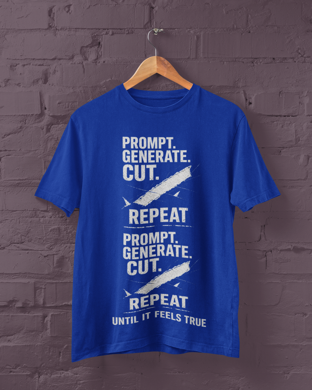Black T-shirt on hanger with white Prompt. Generate. Cut. Repeat. typographic artwork.