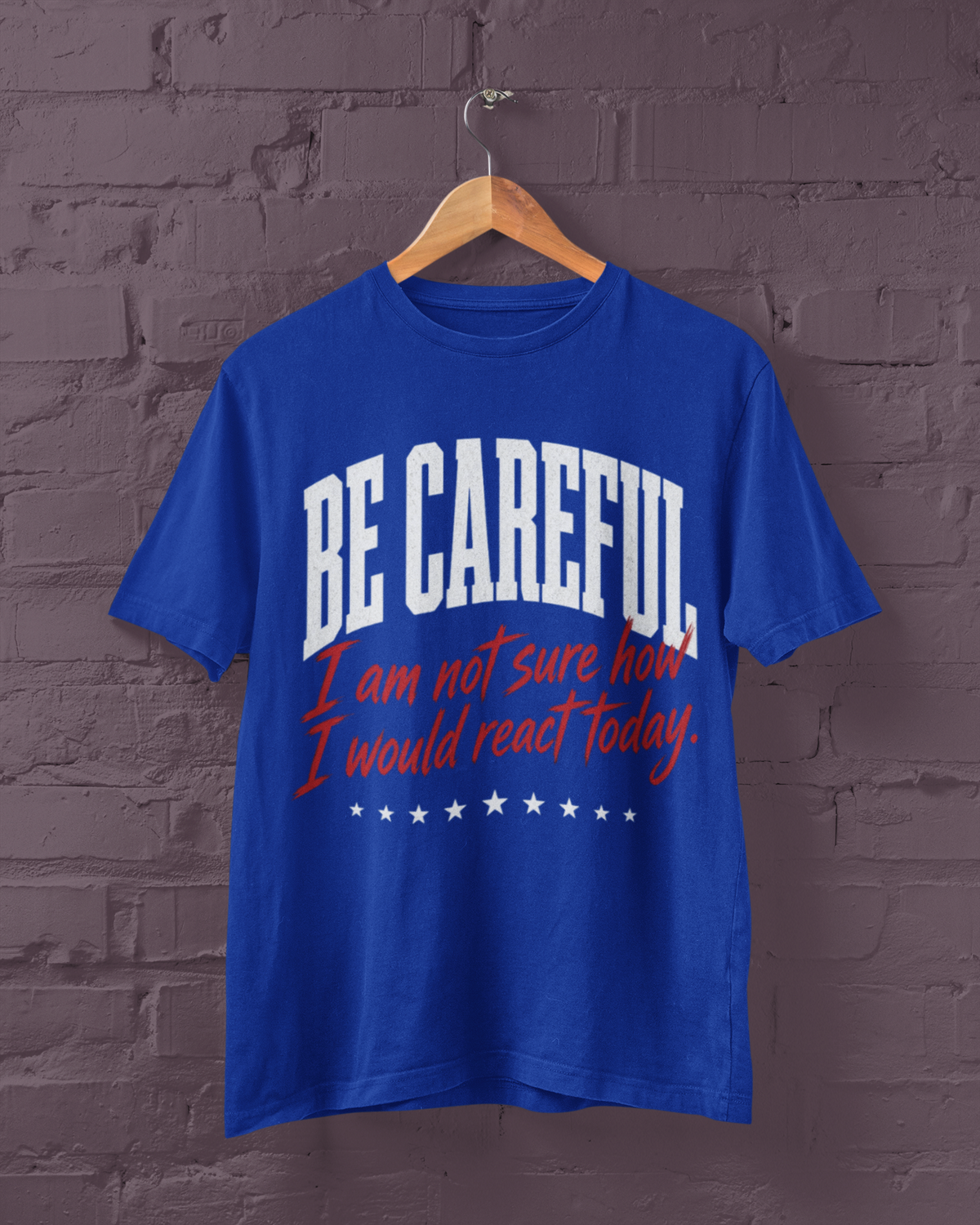 Be Careful tee in royal blue on hanger