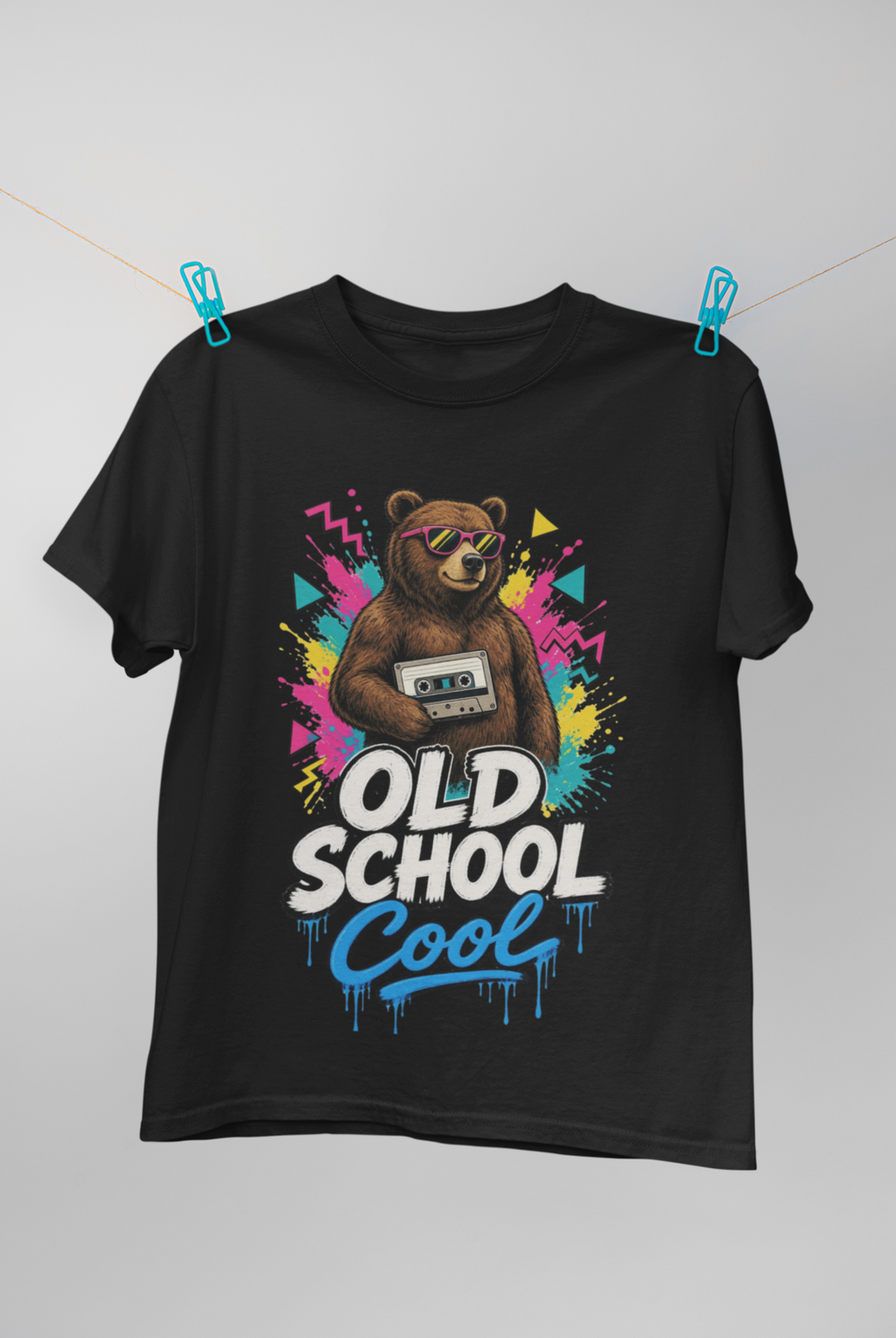 Old School Cool tee - Black, hanging on clothesline