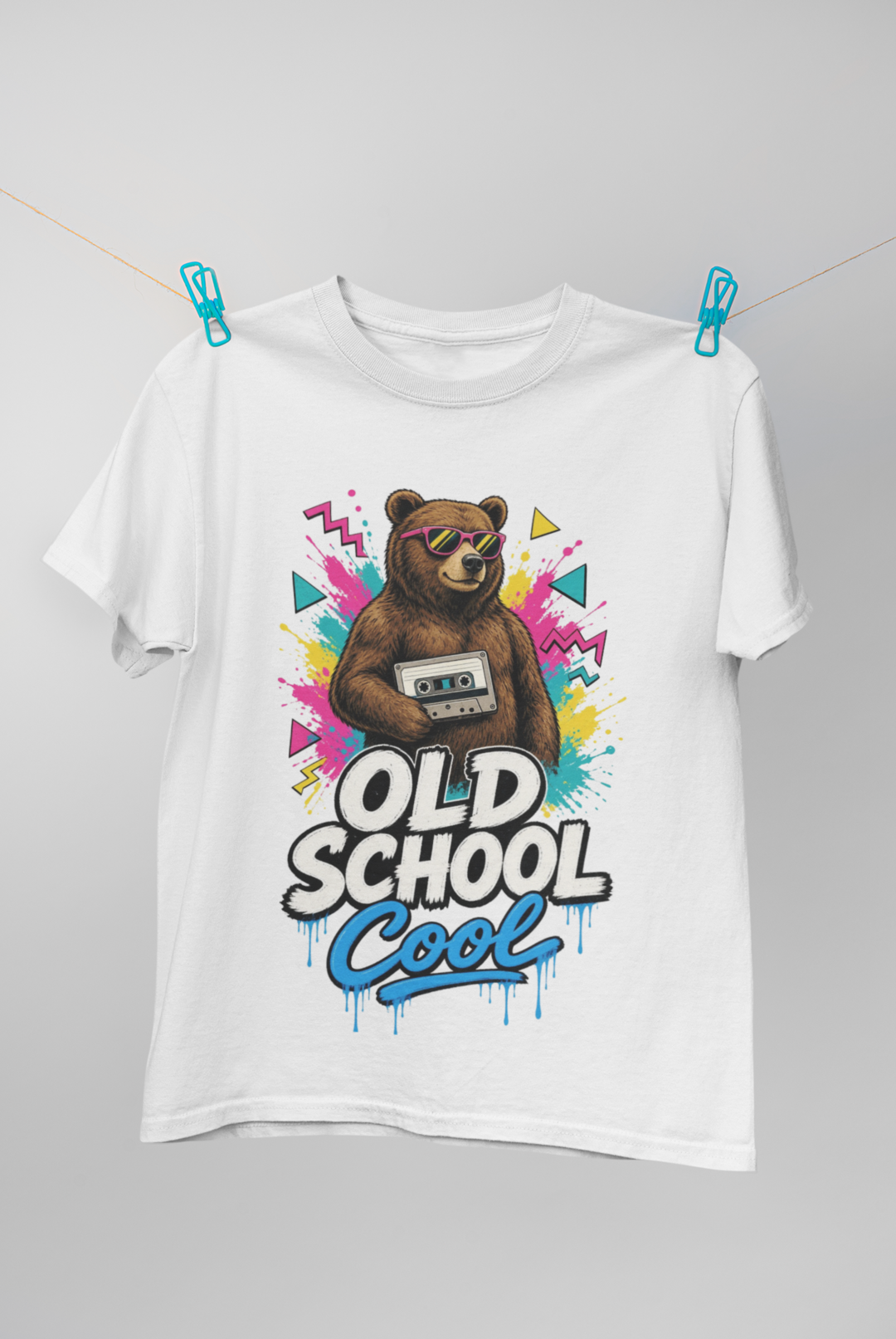 Old School Cool tee - White, hanging on clothesline